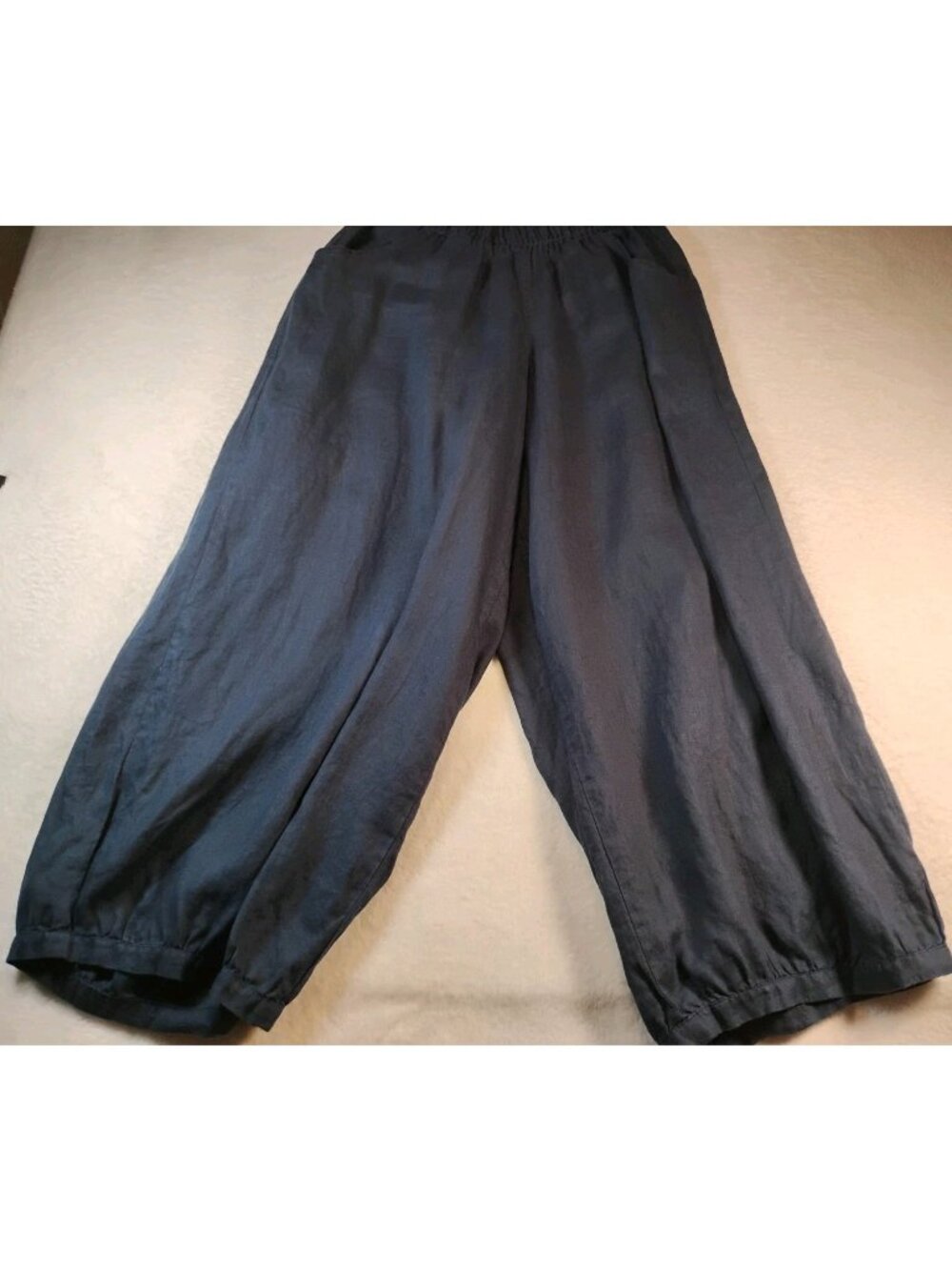 Womens Wide Leg 100% Linen Harem Pants Boho Pleated Hem Pull On Size L Navy Blue